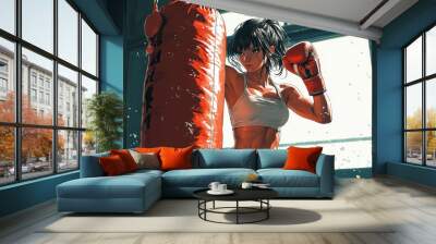 Manga art style. Kickboxing woman sport asian girl, mma girl fighters female Boxer female fighter Wall mural