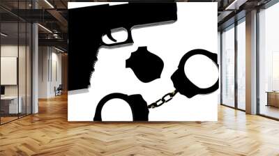 Silhouette of police concepts with gun, badge and handcuffs  Wall mural