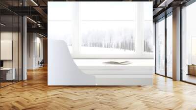 Minimalist white desk with snow scene view,  perfect for winter, cozy and peaceful.  Wall mural