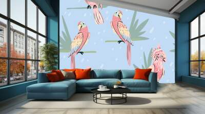 Parrot seamless pattern with and palm leaf. Cute background for girls, baby or kids. Wall mural