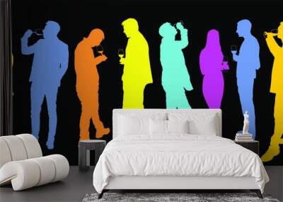 Business people meeting and drinking wine vector silhouette isolated on black. Friends toasting relaxation after work. Boys drink beer in bar. Social live celebration with beverage. Girl and boy love. Wall mural