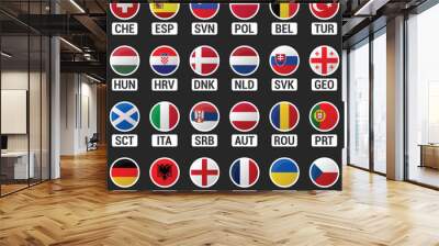 European national football teams with round flag icons and country codes Wall mural