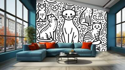 Seamless Pattern of Cute Cats in Doodle Style Wall mural