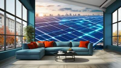 Conceptual of an innovative new sustainable energy source for the future world featuring glowing futuristic solar panels advanced clean energy technology sleek metallic and glass structures Wall mural