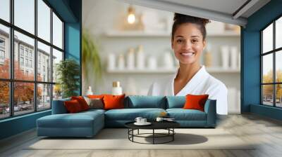 Confident and Proud Skincare Worker Showcasing Effective Formulation in Serene Spa Sanctuary Wall mural