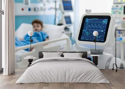 Futuristic robot monitoring a child patient s vital signs in a modern hospital room with various medical equipment and technology displayed on screens in the background Wall mural