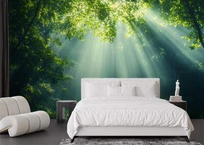 Serene sunbeams filtering through the lush verdant canopy of a misty forest landscape creating a tranquil atmospheric scene with a warm luminous glow Wall mural