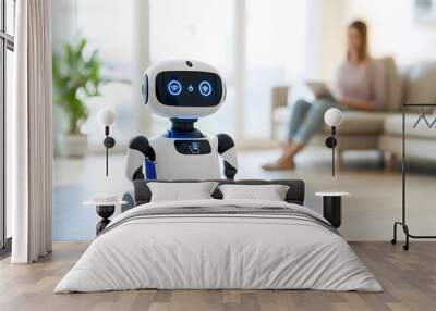 Sleek AI powered personal assistant robot interacting with owner in modern minimalist home interior with natural light Wall mural