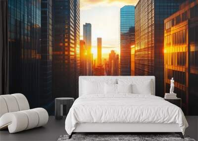 Stunning cityscape at sunset with towering skyscrapers bathed in warm golden light and long dramatic shadows stretching across the bustling urban streets Wall mural