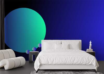 Blue green circle with three mini spheres over dark blue and black glowing gradient background Wall mural