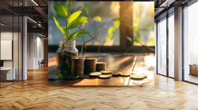 A small plant grows from a jar filled with coins, symbolizing financial growth Wall mural