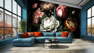 Beautiful dark floral pattern of flowers and leaves on a dark moody background. Wall mural