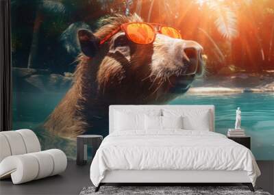 Cute capybara swims in a pool with turquoise water. Funny rodent on the background of palm Wall mural