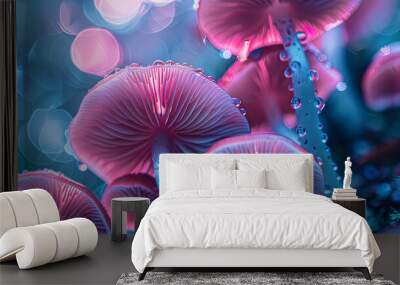 Enchanting close-up of vibrant mushrooms amidst water droplets Wall mural