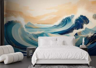 An abstract painting depicting a seascape with blue waves crashing on the shore under a beige sky Wall mural