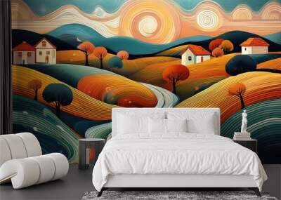 An abstract painting featuring rolling hills, houses, and trees, with a stream flowing through the landscape Wall mural