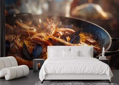 Savor the essence of the sea with this mouthwatering close-up of a hearty, steaming seafood paella Wall mural