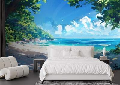 Stunning beach landscape showcasing vibrant colors of the ocean and the lush greenery Wall mural