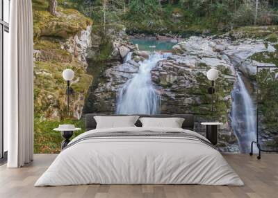 Double Waterfalls in Mountain Forest Wall mural