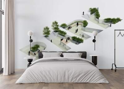 environment isometric park nature. isometric environmental sustainable landscape forest with people rest, 3d render animation. environment with tree, grass leaf, river, footpath on white isolated. Wall mural