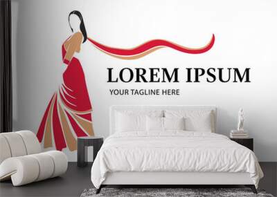 beauty and fashion logo design template, with beautiful indian woman wearing saree dress illustration Wall mural