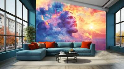 Face of Jesus Christ appearing among the clouds in a beautiful sunset, above a modern city Wall mural