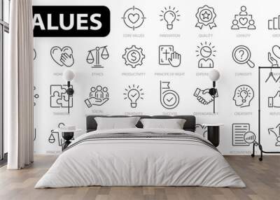 Core values simple icon set. Goals and Target Related Vector Line Icons. Vector images with editable stroke. Containing such qualities as performance, passion, diversity, accountability and more. Wall mural