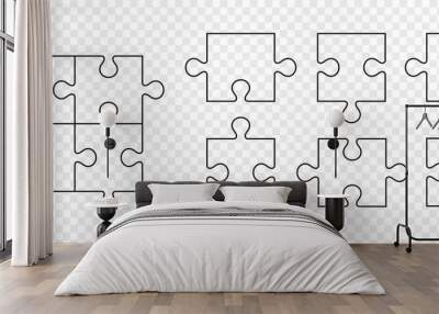 Puzzle pieces vector set. Separate puzzle pieces with the ability to change the thickness of the lines. Puzzle isolated on transparent background. Vector Wall mural