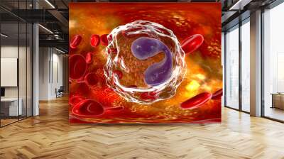 360-degree spherical panorama of eosinophil, a white blood cell, in blood, 3D illustration. Eosinophils are granulocytes taking part in allergy and asthma, protection against multicellular parasites Wall mural