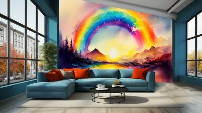 A rainbow arcing over a landscape, the vibrant colors of the spectrum captured in stunning detail, ai illustration Wall mural