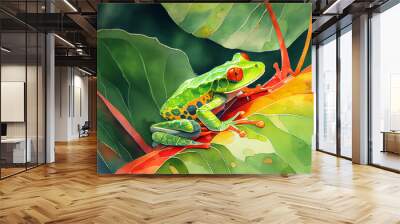 A vibrant generative ai illustration of a tropical red-eye frog, showcasing its bright colors and unique features Wall mural