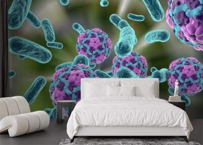 Bacteria and viruses (Hepatitis A virus) on colorful background. Medical background. Healthcare background Wall mural