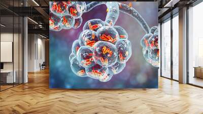 Bacterial pneumonia, medical concept. 3D illustration showing rod-shaped bacteria inside alveoli Wall mural