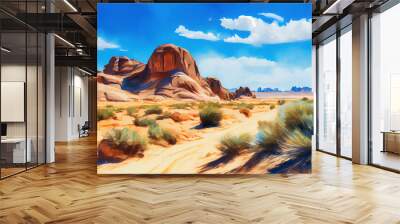 Beautiful desert landscape, a sweeping vista of sand dunes and rocky outcroppings, with a clear blue sky above, ai illustration Wall mural