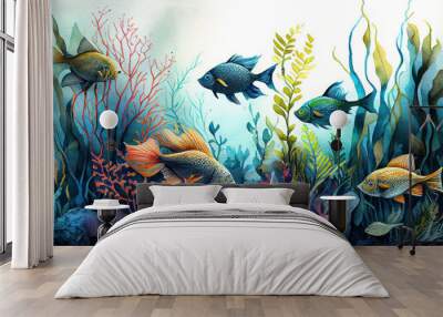 Beautiful underwater world with corals and tropical fish, generative ai illustration Wall mural