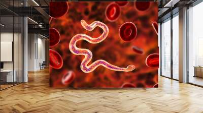 Brugia malayi in blood, a roundworm nematode, one of the causative agents of lymphatic filariasis, 3D illustration showing presence of sheath around the worm and two non-continous nuclei in the tail Wall mural