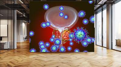 Conceptual image for viral ethiology of prostate cancer. 3D illustration showing viruses infecting prostate gland which develops cancerous tumor Wall mural