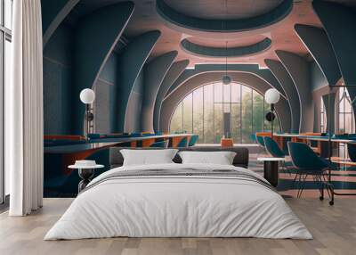 Futuristic school interior, ai illustration. Futuristic university Wall mural