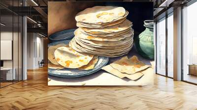 Golden-brown flatbreads stacked on a dark background, with hints of char marks and steam rising from the freshly cooked bread, generative ai Wall mural