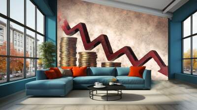 Golden coin stacks and arrow down Wall mural