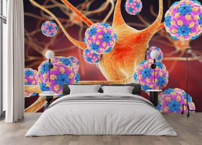 Human Parechoviruses affecting neuron, 3D illustration. Parechoviruses cause respiratory, gastrointestinal infections and are associated with brain damage and developmental disorders in neonates Wall mural