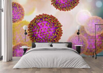 Measles viruses. 3D illustration showing structure of measles virus with surface glycoprotein spikes heamagglutinin-neuraminidase and fusion protein Wall mural