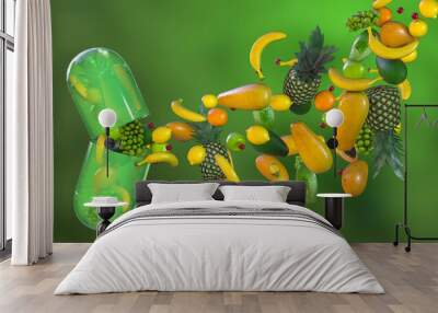 Pill with fruits, 3D illustration Wall mural