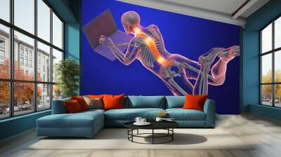 Working with laptop in a wrong position. Concept of backache, back pain Wall mural