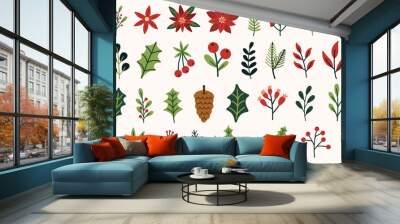 Christmas florals and foliage elements set. Holly, winterberries, eucalyptus, pine cone, mistletoe, poinsettia. Buildable decorative and festive floral arrangement. Hand drawn vector illustrations. Wall mural