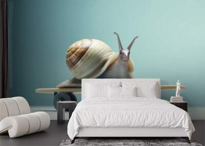 A close-up of a snail on a skateboard on a blue background. Wall mural