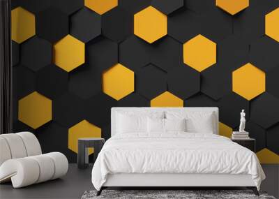 Abstract black and yellow hexagon background; honeycomb pattern composition 3d rendering, 3d illustration Wall mural