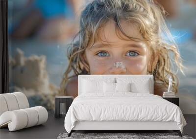 Close up of a little girl is smiling and making a sandcastle on the beach. Summer concept. Wall mural