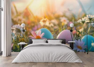 Close up of spring landscape with wild flowers in green grass on meadow with Easter eggs. Wall mural