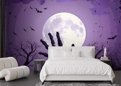 Halloween background with zombie hand reaching out from the ground, full moon and dead trees vector illustration design on purple color, halloween concept art. Wall mural